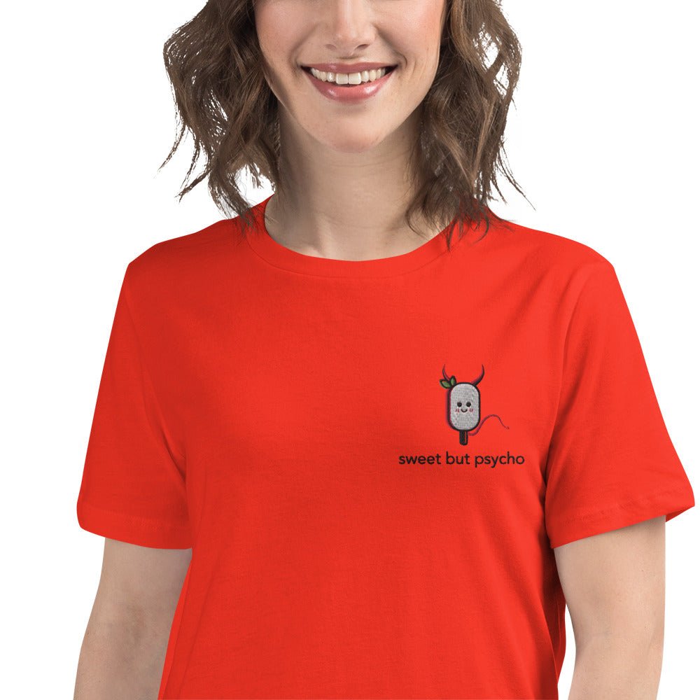 Sweet But Psycho Embroidered Women's Relaxed T-Shirt - chucklecouture co.