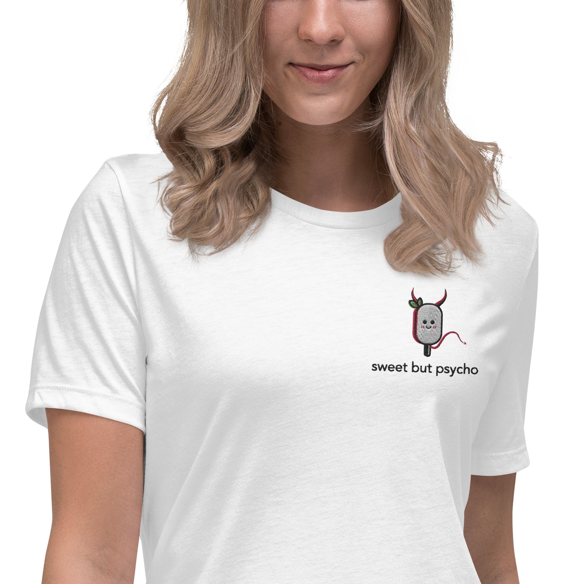 Sweet But Psycho Embroidered Women's Relaxed T-Shirt - chucklecouture co.